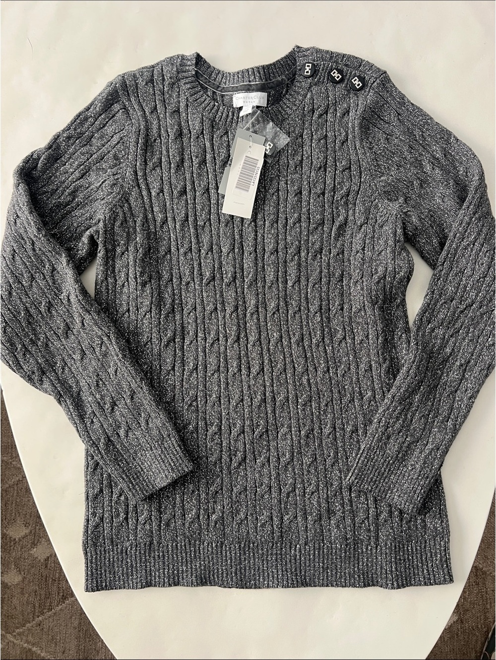 NWT Vintage Charter Club Cable Knit Metallic Charcoal Gray Crewneck Sweater M